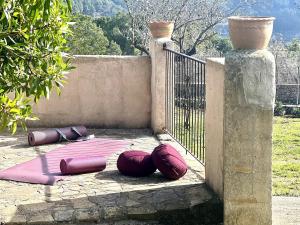 two pillows laying on the ground next to a fence at Finca es Born - vistas panorámicas in Esporles