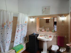 a bathroom with a sink and a shower curtain at Casa da VíVí in Azenha de Baixo +43 photos