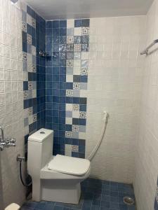 a bathroom with a toilet and blue and white tiles at Yes Yes Farms in Pollāchi