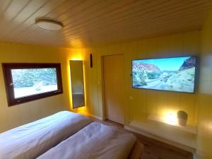 a bedroom with two beds and a flat screen tv at Bussardhorst in Ruppichteroth