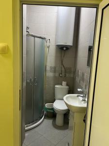a bathroom with a shower and a toilet and a sink at СТОНЕЛ-семейно студио in Veliko Tŭrnovo +8 photos