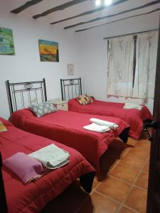 three beds in a room with red sheets at San Antonio 4 vientos in Pétrola