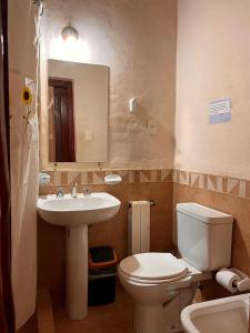 a bathroom with a sink and a toilet and a mirror at Hotel La Herencia in Tilcara