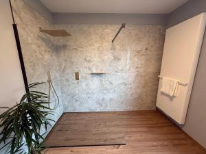 a bathroom with a shower with a wall at En Passant in Saint-Vith