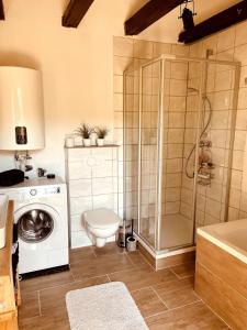 a bathroom with a shower and a washing machine at Ruhiges Häuschen am Wald mit Kamin, Terrasse in Bucha