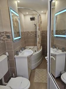 un bagno con un water, un lavandino e una vasca di Apartment central Lupeni-Straja a Lupeni Altre 18 foto