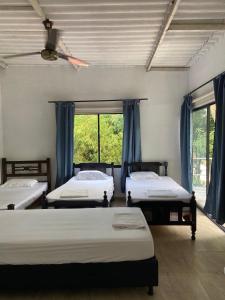 a bedroom with three beds and a window at Hostal y Camping Villa Guadua Tayrona in Santa Marta