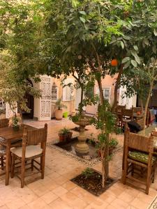 a courtyard with a tree and a table and chairs at Hostel Laksour in Marrakesh
