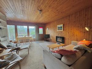 Una sala de estar con un sofá y una chimenea. en Equinox Cabin, en Torlundy