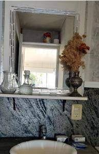 a bathroom shelf with a window and a sink at Casa Flotante Nenufar in Tigre