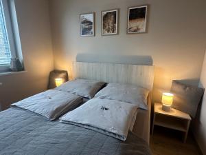ein Bett in einem Schlafzimmer mit zwei Kissen darauf in der Unterkunft Poznań Jeżyk-Luxury Apartment Free Parking in Posen