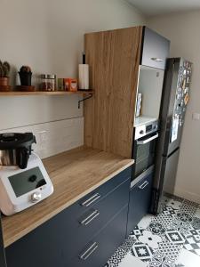 a kitchen with a counter with a stove and a refrigerator at Hébergement le Mans in Le Mans