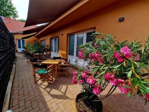 a patio with tables and chairs and pink flowers at Két Sirály Apartman in Siklós