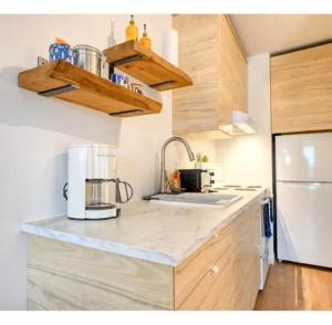 a kitchen with a white refrigerator and a counter top at L'Agachoun - Ski-Bike-Hiking in Saint-Férréol-les-Neiges
