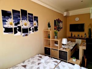 a room with two beds and paintings on the wall at Két Sirály Apartman in Siklós