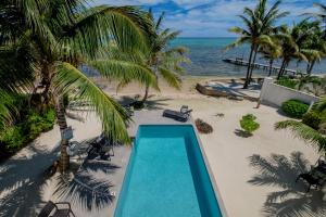 an empty swimming pool on a beach with palm trees at Casa Paloma in San Pedro