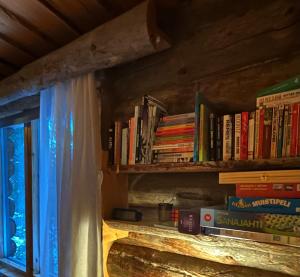un estante lleno de libros junto a una ventana en VillaAngie Ruka, en Ruka