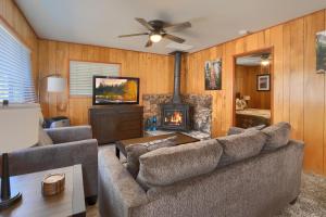 a living room with a couch and a fireplace at New Beginnings at The Redwoods Cabin in Wawona