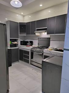 a large kitchen with gray cabinets and appliances at 2 Bedroom Luxury Apartment in Dakar