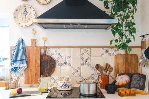 a kitchen with a counter top with a stove at Viva! Farmhouse in Monsaraz +38 photos