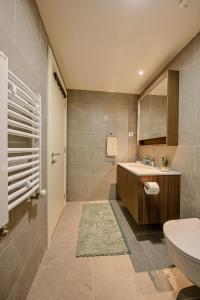 Un baño con lavabo, inodoro y espejo. en Eternal Lux Belgrade Waterfront, en Belgrado 104 fotos más