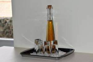 a tray with a bottle and four wine glasses at AeroVista Apartment in Surčin +12 photos