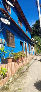 un bâtiment bleu avec des plantes en pot devant lui dans l'établissement Casa na Vila do Abraão - Ilha Grande, à Angra dos Reis