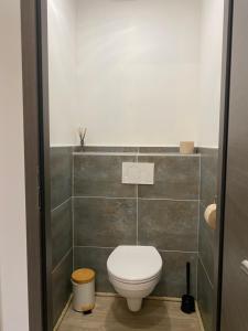 a bathroom with a white toilet in a room at Chalet muguet & Jaccuzi privatif in Rochesson