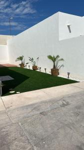 a white building with palm trees on the side of it at Casa Residencial Coral in San Carlos +10 photos