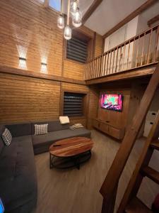 a living room with a couch and a tv at Korja Apartments Mavrovo in Mavrovo