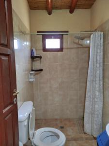 a bathroom with a toilet and a shower at La Herencia Tilcara in Tilcara