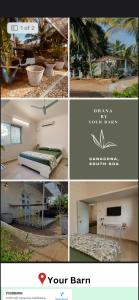 eine Collage mit vier Bildern eines Zimmers mit einem Bett in der Unterkunft Ohana by your barn in Goa