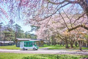 a small car driving down a road withakura trees at Karuizawa Prince Hotel West in Karuizawa +80 photos