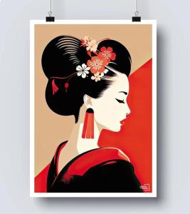 una pintura de una mujer con flores en el pelo en LE GEISHA, en La Grande-Motte