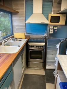 a small kitchen with a stove and a sink at L'oiseau BLEU à CALVI in Calvi