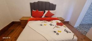 a bedroom with a bed with red pillows at Neo & Ruks Guest Houses Boston Belleville 5 in Bellville