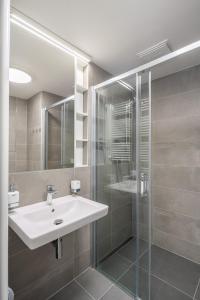 ブルノにあるNew apartment near the centre of Brnoの洗面台とガラスのシャワーを備えたバスルーム +26枚の写真