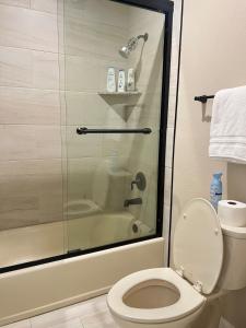 a bathroom with a toilet and a glass shower at 30Min To SouthTahoe 3BD Parking in Carson City +2 photos