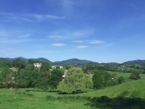 a green field with trees and mountains in the background at la maison d'Anna chambres d hôtes in Ganac
