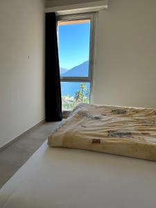 a bed in a room with a large window at Residenza Arazzo in Minusio
