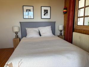 a bedroom with a large bed with two lamps at Chalet de charme - vue panoramique in Combloux