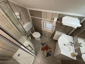 a small bathroom with a toilet and a sink at Pensiunea Monady in Zărneşti +24 photos