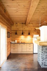 una cucina con pareti in legno e un soffitto con luci a pendolo di Pakaso sodyba, šiaurinė pusė a Kirdeikiai
