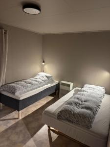 a bedroom with two beds and a lamp at House in Vangsvik in Senja