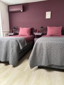 a bedroom with two beds with pink pillows at B&B nr.15 in Vries
