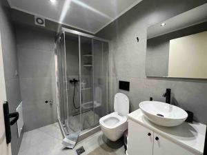 a bathroom with a shower and a toilet and a sink at Leonidio Apartment Zenith-Nadir in Leonidion