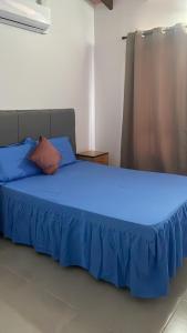 a blue bed in a room with a curtain at Palina Village Casa 12 - San Bernardino in San Bernardino +29 photos