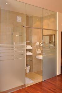 een glazen douche in een badkamer met toilet bij Hotel Paradiesquelle 4 in Puchberg am Schneeberg