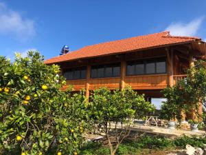 a wooden building with windows and an orange tree at Nhà gỗ Mộc châu Panorama in Mộc Châu