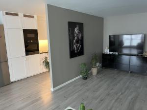 a living room with a flat screen tv and a kitchen at Trondheim in Trondheim